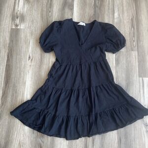 RD Style Black Tiered Puff Sleeve Mini Dress Size XS Cotton V Neck